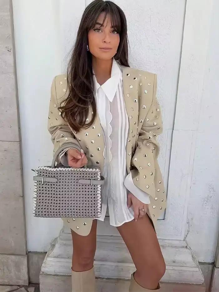 SLTNX Blazer décontracté pour femme avec décoration à rivets, manches longues, col en V, beige, mant