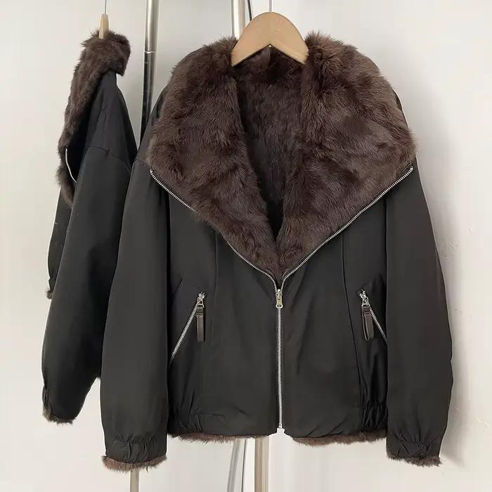 Parka avec fourrure pour femmes, manteau en fourrure réversible double face, veste courte chaude en