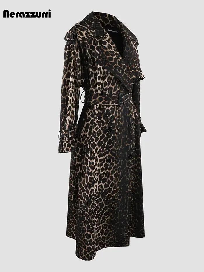 Nerazzurri-Manteau Imprimé Léopard Extra Long pour Femme, Fente Haute au Dos, Double Boutonnage, Res