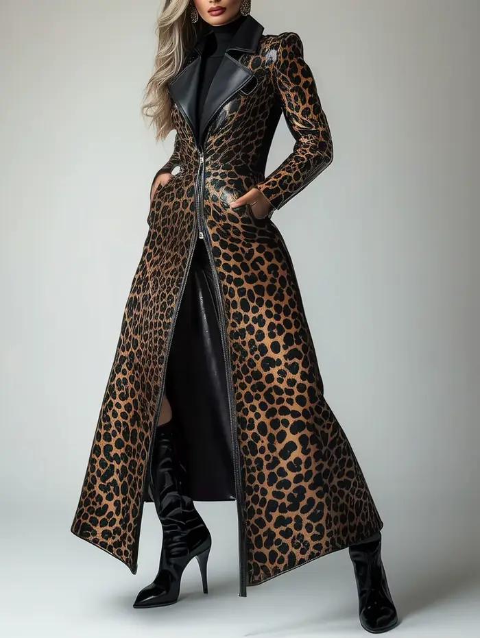 Trench-coat en cuir PU avec poche zippée et motif léopard