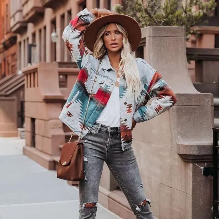 Manteau pull en jean patchwork ample à revers et manches longues, style rétro, pour femme, collectio