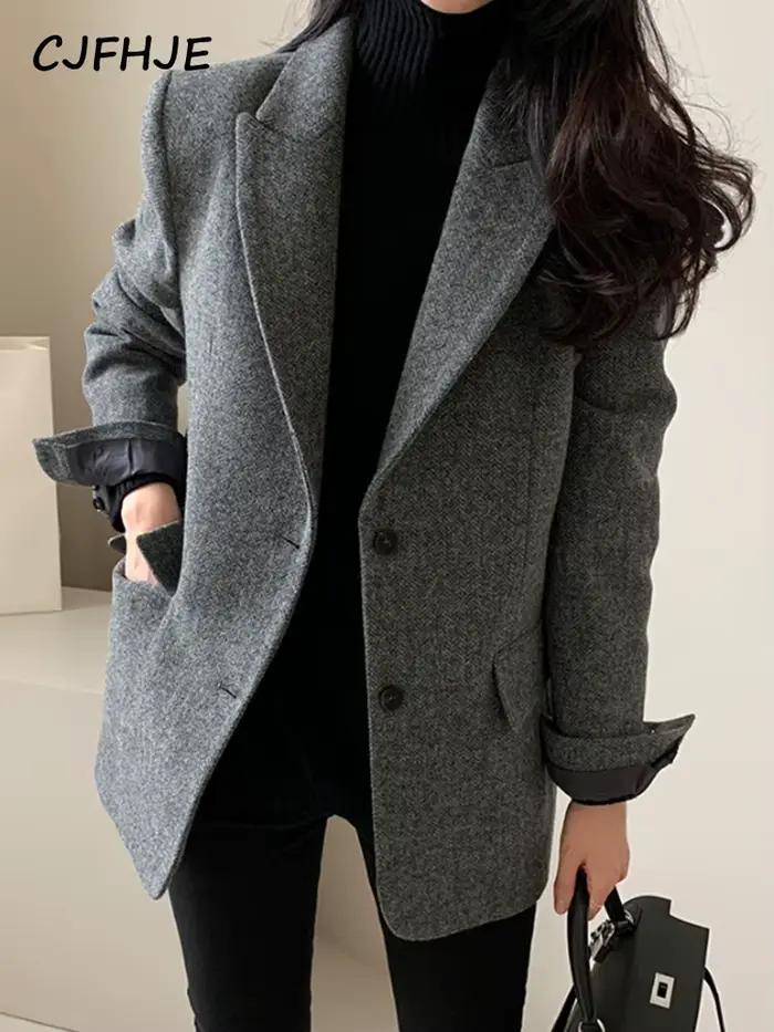 CJFHJE-Blazer en Laine Grise pour Femme, Veste Élégante à Simple Boutonnage, Poches, Tenue de Bureau