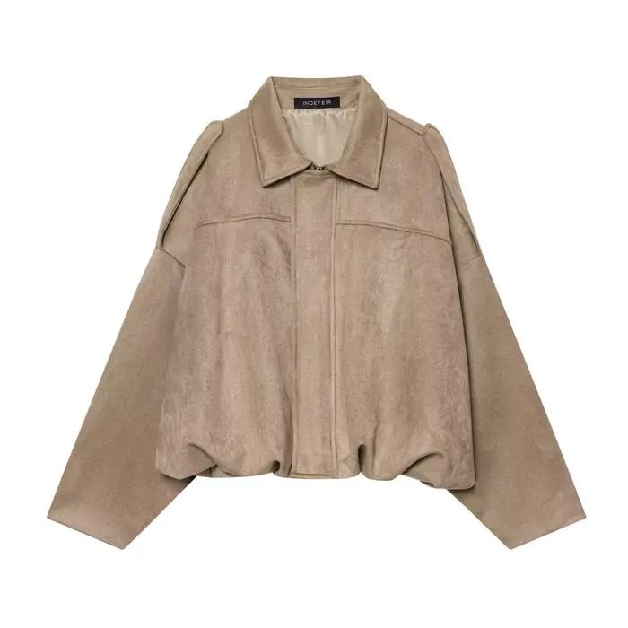 Veste en daim kaki pour femme, ample, décontractée, col rabattu, fermeture éclair, manteau épais, vê