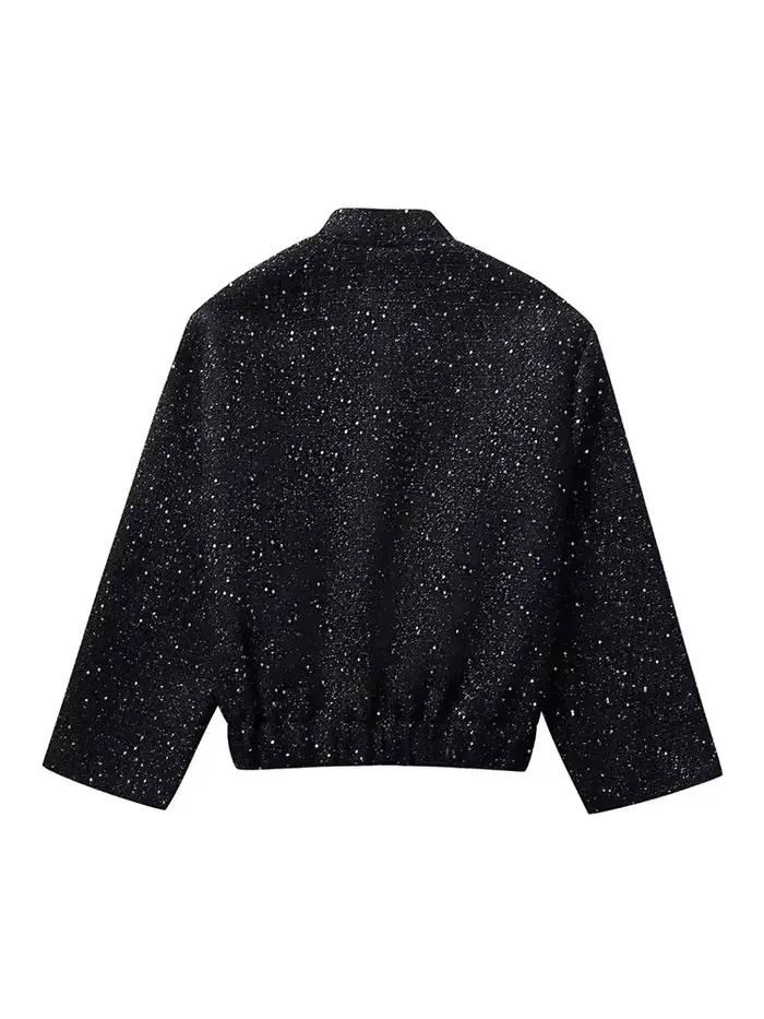Nlzgmsj – veste à paillettes brillantes pour femme, manteau court à manches longues et col montant,