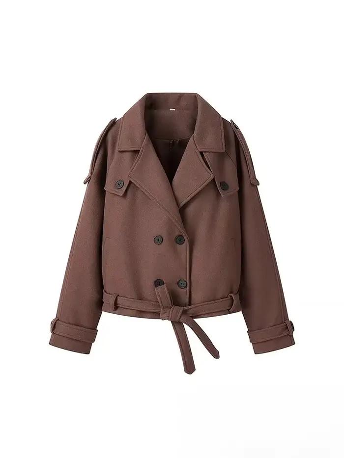 KONDALA Vintage femmes vestes marron solide col rabattu Double boutonnage ceinture à manches longues