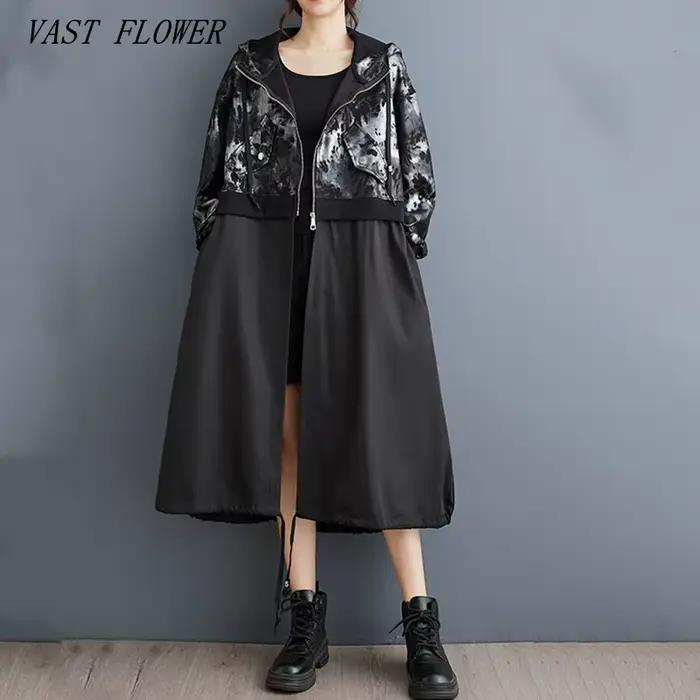 Trench-coat surdimensionné à manches longues pour femmes, noir, vintage, décontracté, ample, automne