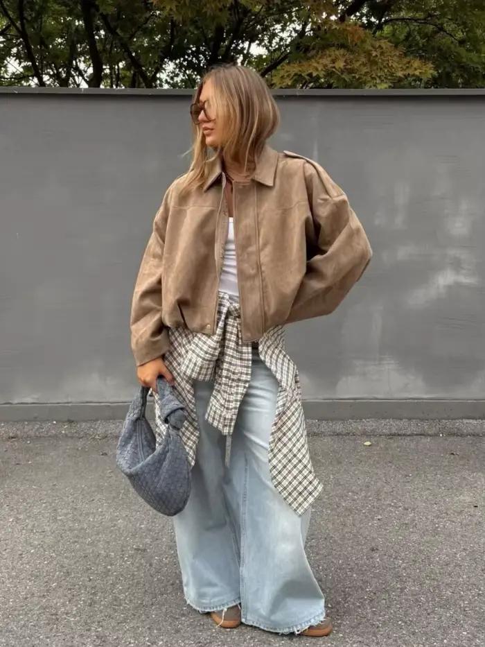 Veste en daim kaki pour femme, ample, décontractée, col rabattu, fermeture éclair, manteau épais, vê