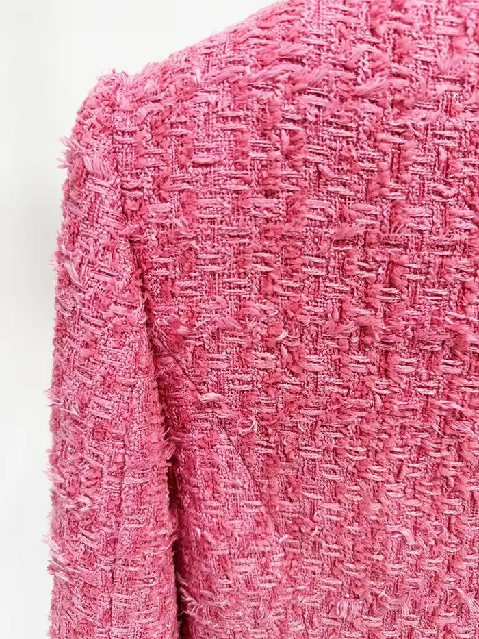 HIGH STREET Nouveauté 2026 FW Blazer en tweed pour femme, coupe ajustée, à franges et pompons, de cr