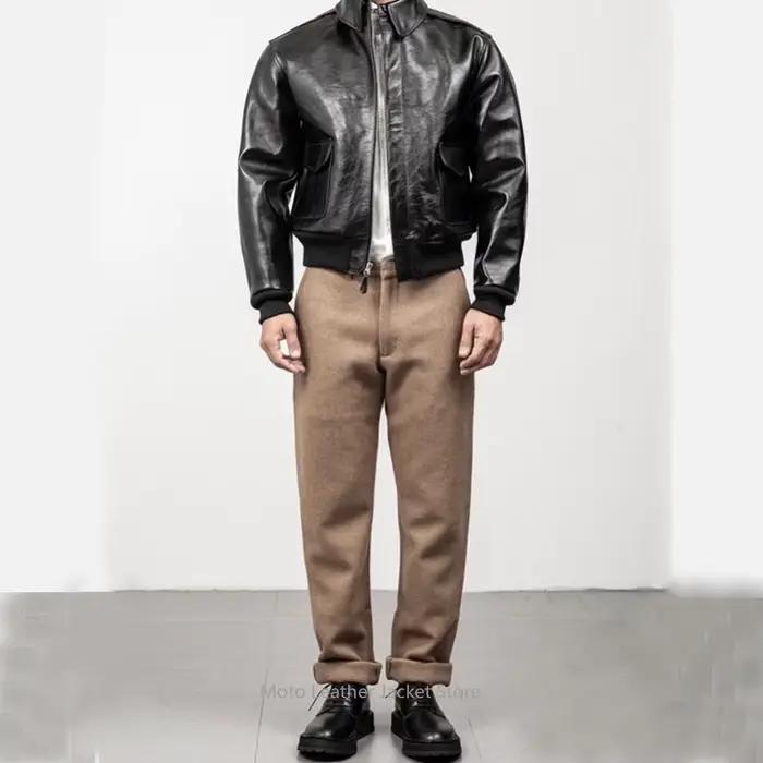 Blouson aviateur vintage A2 pour homme en cuir de cheval pleine fleur tanné végétal, veste de motard