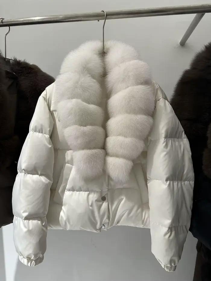 Manteau de luxe en vraie fourrure pour femme, col en fourrure naturelle et veste rembourrée en duvet