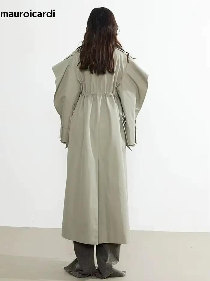 Mauroicardi-Manteau long à double boutonnage pour femme, pardessus élégant à volants, mode de piste,