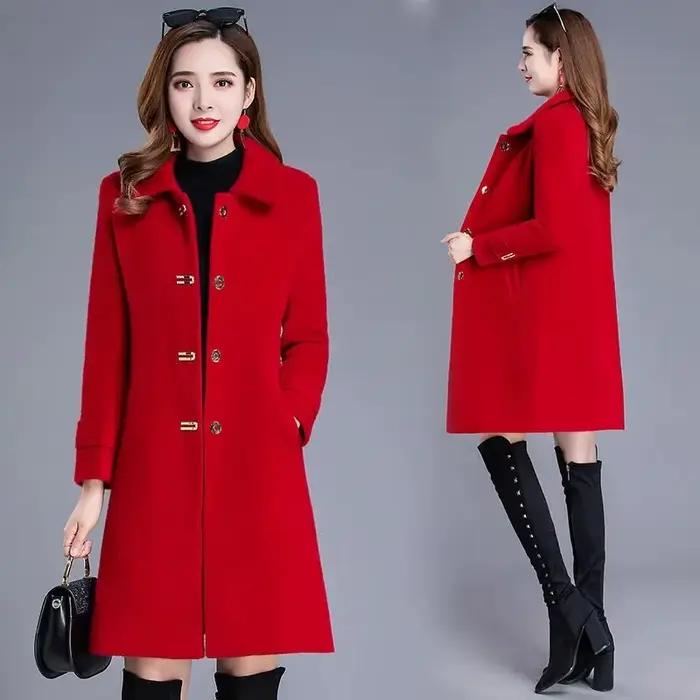 Manteau en velours de vison coupe couvertes pour femme, veste en laine rouge, mi-long, mince, décont