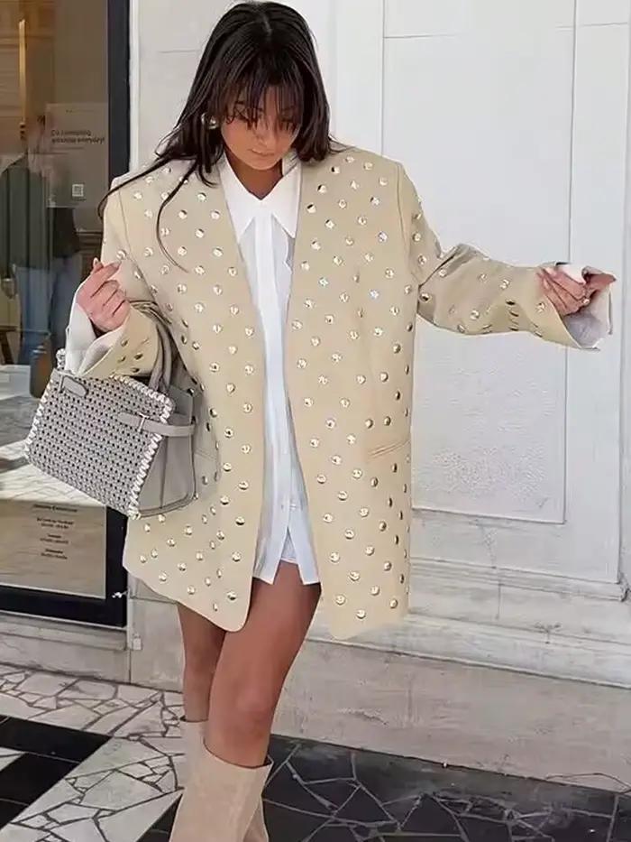 SLTNX Blazer décontracté pour femme avec décoration à rivets, manches longues, col en V, beige, mant