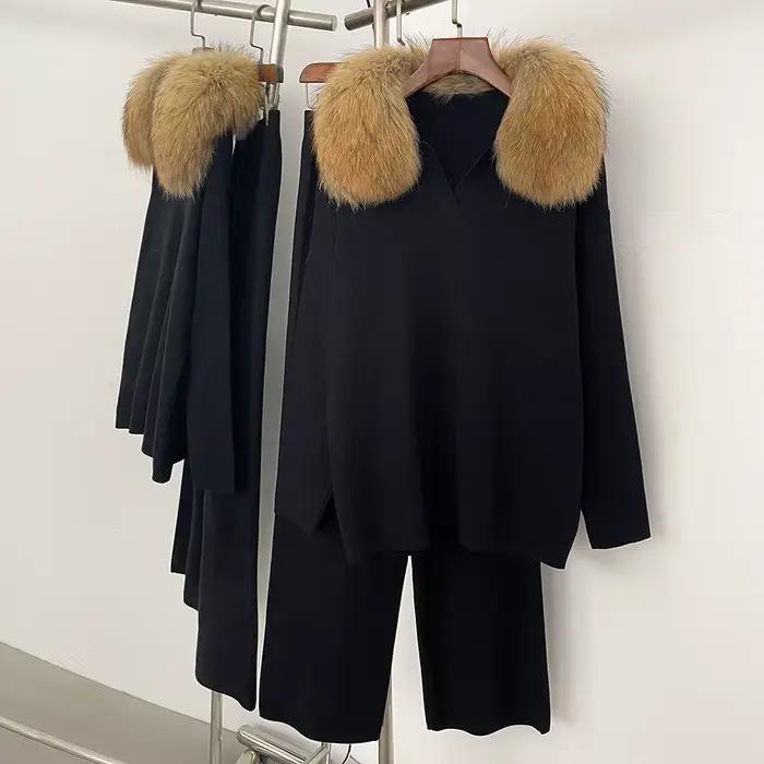 Réalité fourrure veste pull ensemble femme printemps tricoté costume tricots femme réel renard col d