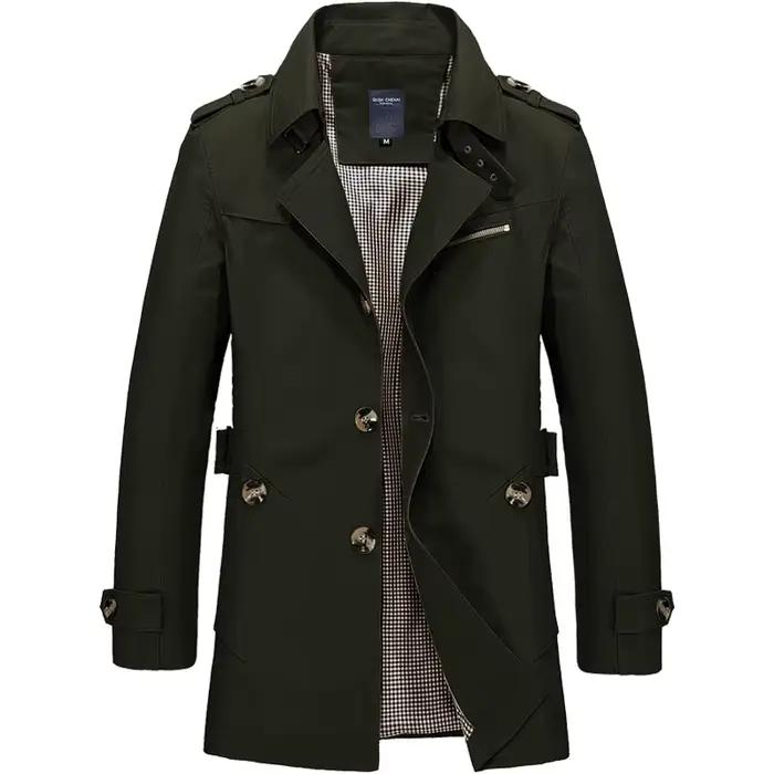 Veste coupe-vent mi-longue pour homme, col rabattu, simple, à simple boutonnage, manches longues, av