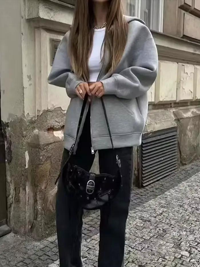 HH automne femmes gris veste avec capuche à manches longues grande poche veste à glissière manteau f