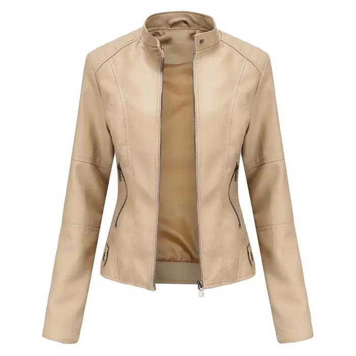 Veste en cuir pour femme 2025 Printemps Automne, Manteau en cuir PU noir, Col montant, Style motard