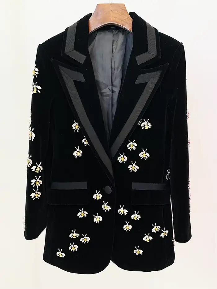 HIGH STREET Nouveauté 2026 Automne/Hiver Veste de créateur pour femme, blazer long en velours orné d