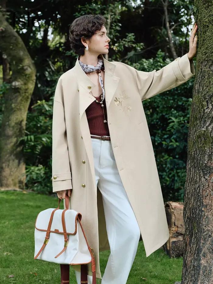 Manteau long kaki FSLE brodé de style chinois à col montant classique pour femme, collection Printem