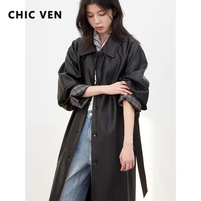 Manteau long en PU pour femme CHIC VEN, nouveau modèle décontracté avec ceinture, en similicuir, cou