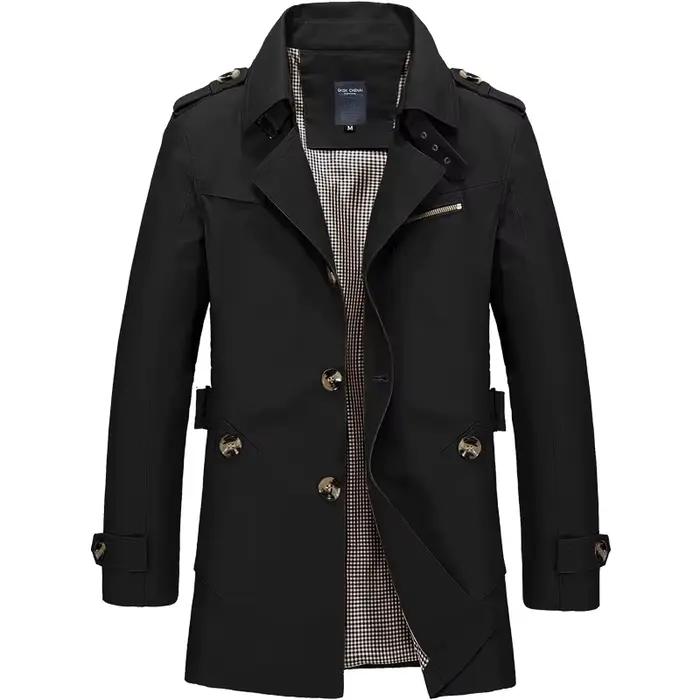 Veste coupe-vent mi-longue pour homme, col rabattu, simple, à simple boutonnage, manches longues, av