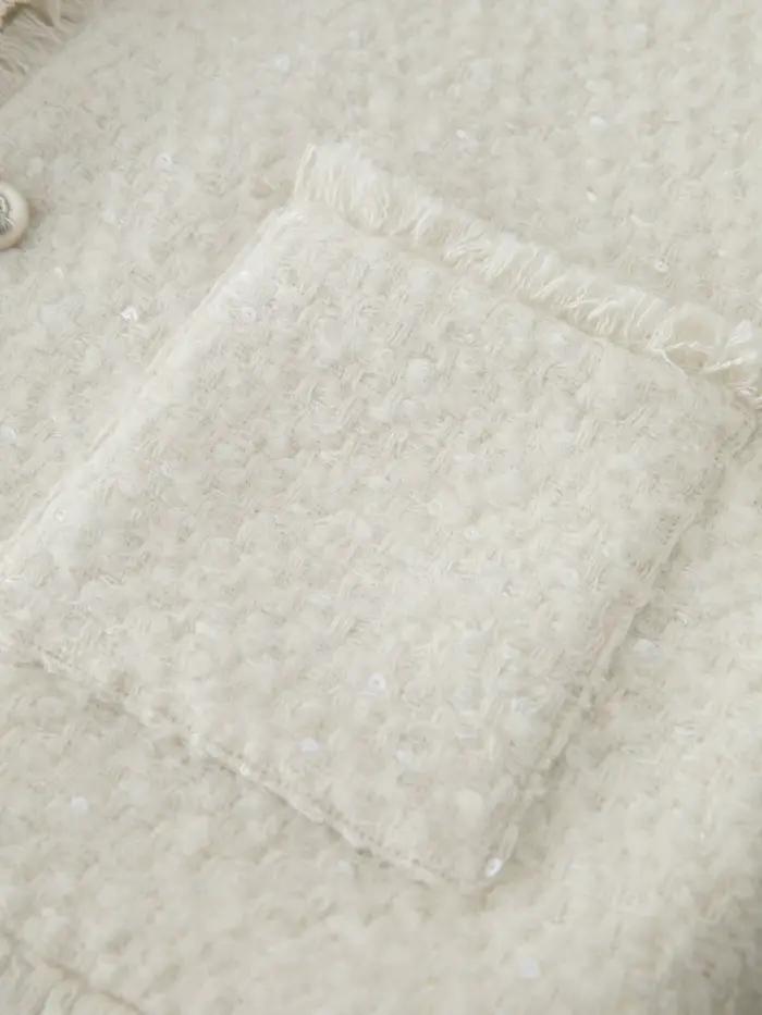 ZIQIAO – veste en laine à paillettes pour femme, épaules droites, Style français, haut blanc élégant