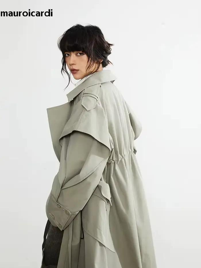 Mauroicardi-Manteau long à double boutonnage pour femme, pardessus élégant à volants, mode de piste,