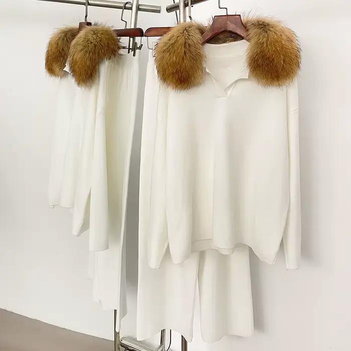 Réalité fourrure veste pull ensemble femme printemps tricoté costume tricots femme réel renard col d