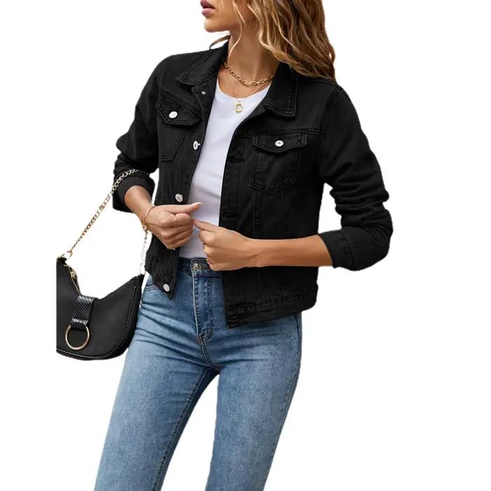 Vestes en Jean pour femmes, mode femme décontractée, manches longues, revers solide boutonné, poche