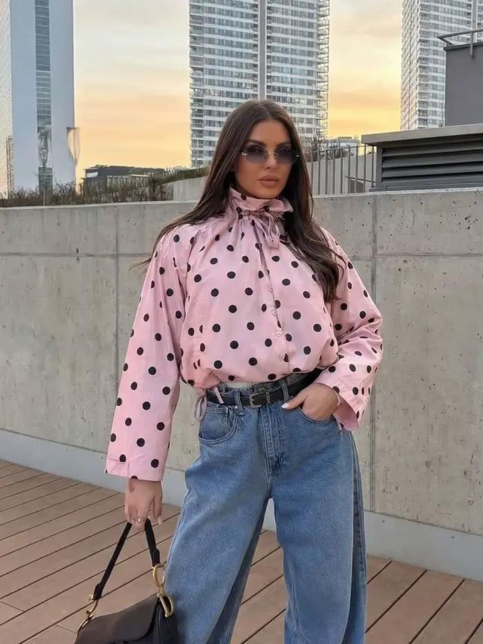 HH Veste élégante pour femme à pois roses, simple boutonnage, col montant, avec cordon de serrage, T