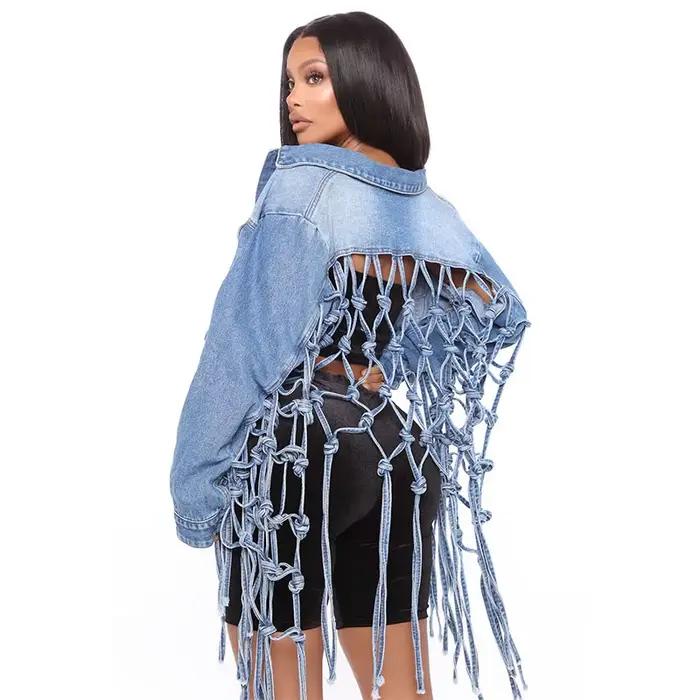 Veste en jean à pampilles à grille arrière en Y pour femmes, veste à manches longues, manteau en jea