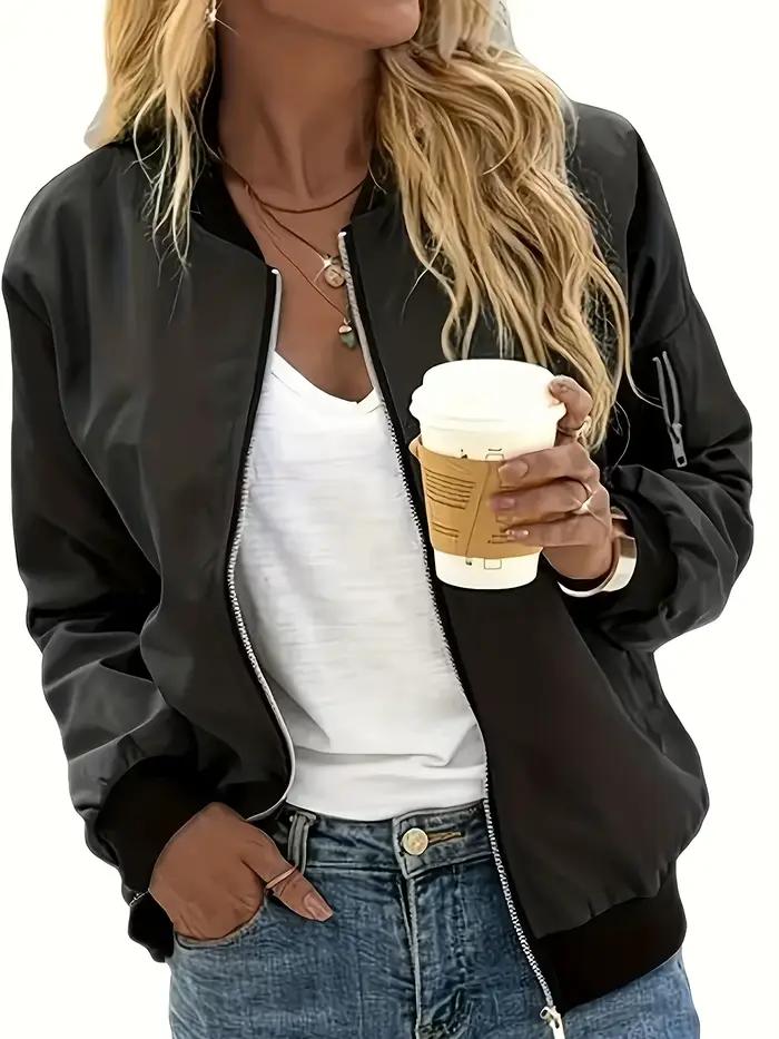 Veste bomber décontractée pour femme à manches longues avec fermeture éclair, coupe-vent léger avec