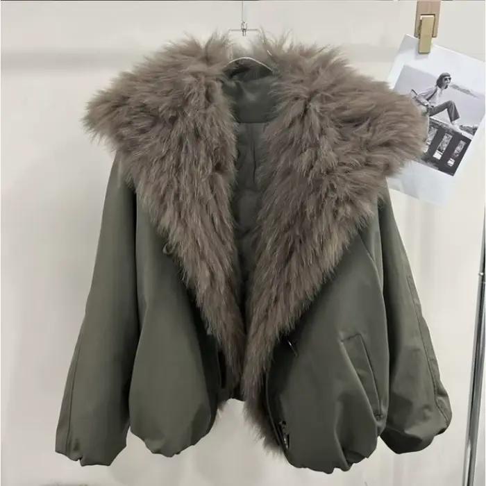 Manteau d'hiver européen, nouveau style, col en laine à grand revers, parka en coton avec doublure e