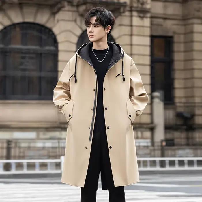 Manteau Coupe-Vent à Capuche Mi-Longs pour Hommes, Pardessus Unie, Veste Longue Ample pour Extérieur, Printemps Automne Polyester Style Décontracté Occasions Spéciales