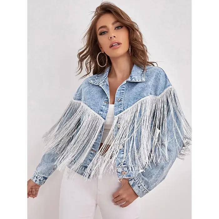 2025 nouvelle tendance veste en jean mode frangé revers déchiré