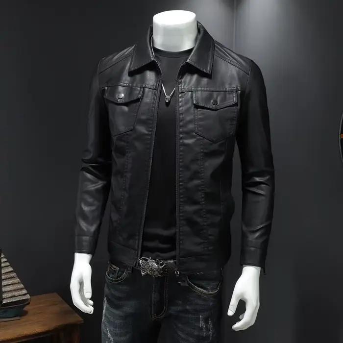 Veste en cuir pour moto pour homme, grande taille, poche noire, col à fermeture éclair, coupe slim coréenne, veste en cuir PU de haute qualité pour homme