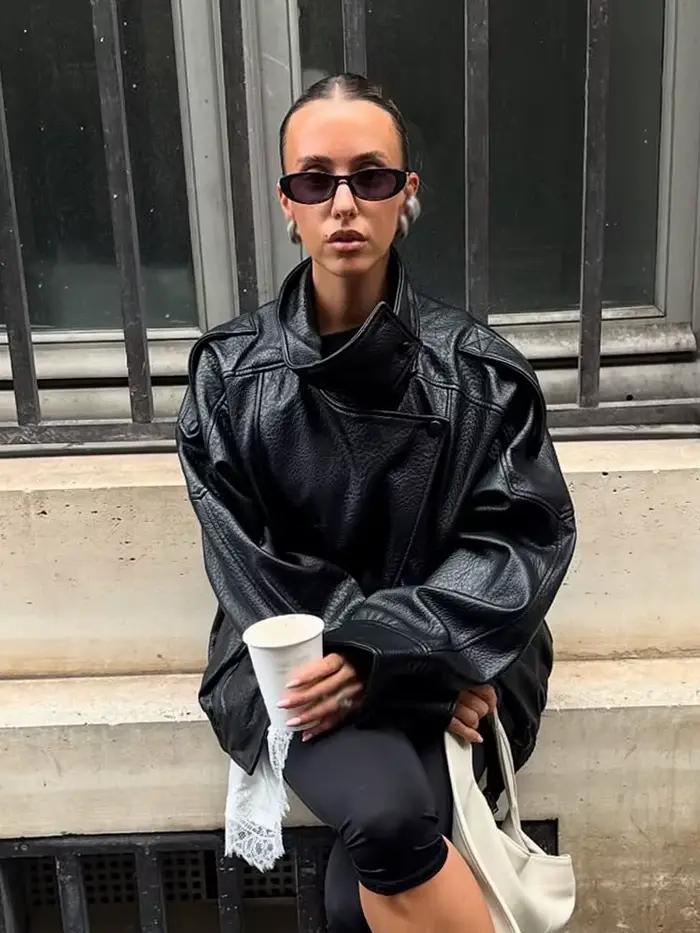 HH femmes automne élégant Style de rue manteaux femme asymétrique bouton poche manches longues noir ample fermeture éclair mince vestes