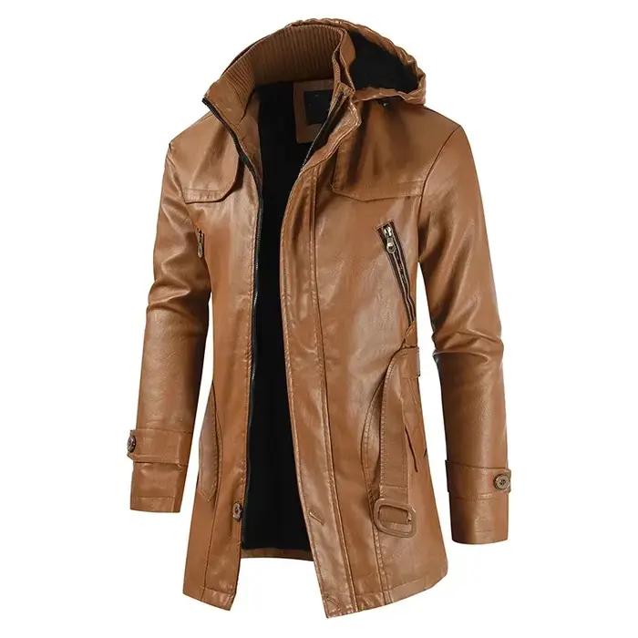 Manteau Long en cuir à capuche pour hommes