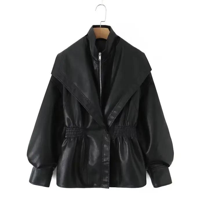 Veste en similicuir printemps-été 2026 pour femme, col rabattu tendance, manches lanternes polyvalentes occassions spéciales automne hiver