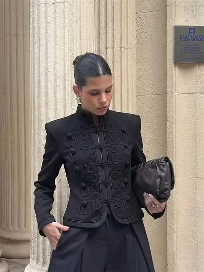 Femmes 2026 printemps nouvelle veste manteau grenouille boutons col Mandarin noir Blazer manteaux courts élégant rétro Chic formel haut de fête