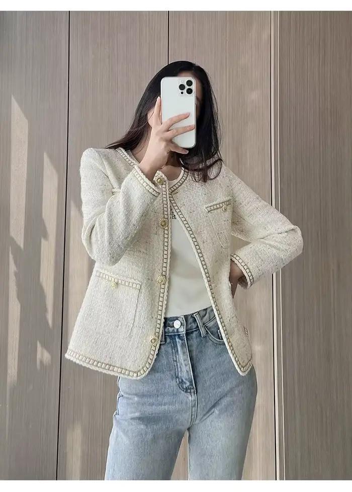 Manteau court en tweed pour femme, col rond, simple boutonnage, veste à carreaux adt, vêtements d'extérieur, nouveauté, 2024