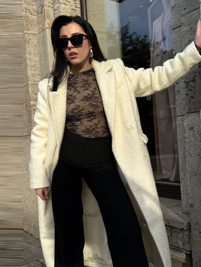 Manteau Femme Luxe Automne Hiver Polyester Lin Lache Col Rabattu Bouton Double Fermeture Occasions Formelles Informelles