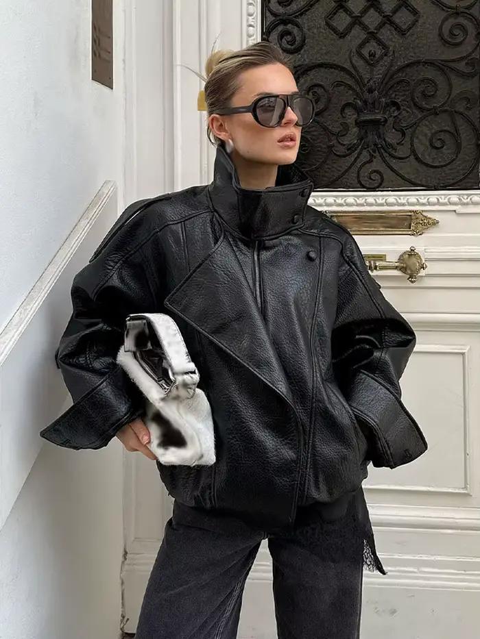 HH femmes automne élégant Style de rue manteaux femme asymétrique bouton poche manches longues noir ample fermeture éclair mince vestes