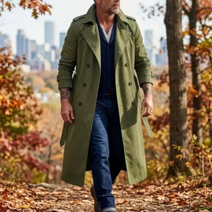 Nouveau Trench-coat pour homme, printemps automne, randonnée en plein air, coupe-vent à double boutonnage ; Veste coupe-vent décontractée extra-longue pour homme