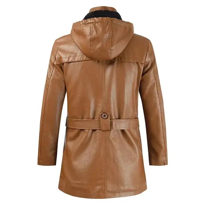 Manteau Long en cuir à capuche pour hommes