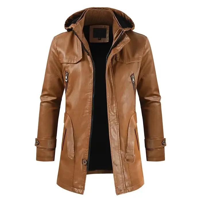 Manteau Long en cuir à capuche pour hommes