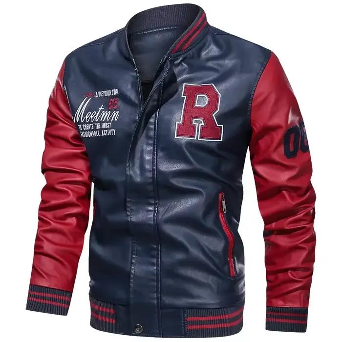 Blouson aviateur en cuir PU brodé pour hommes