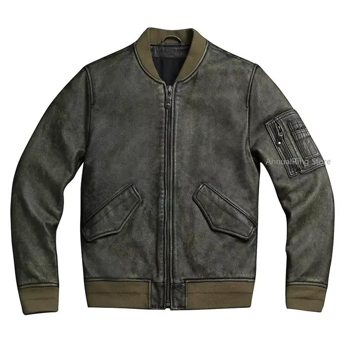 Veste en cuir rétro pour hommes, vert armée MA1, combinaison de vol en cuir de vache naturel, manteau court, vêtements d'équitation pour moto, nouvelle collection 2025