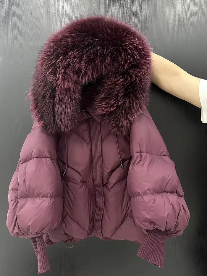 Hiver à capuche naturel grand col de fourrure doudoune femmes court blanc canard vers le bas vêtements d'extérieur femme lanterne manches chaud matelassé veste
