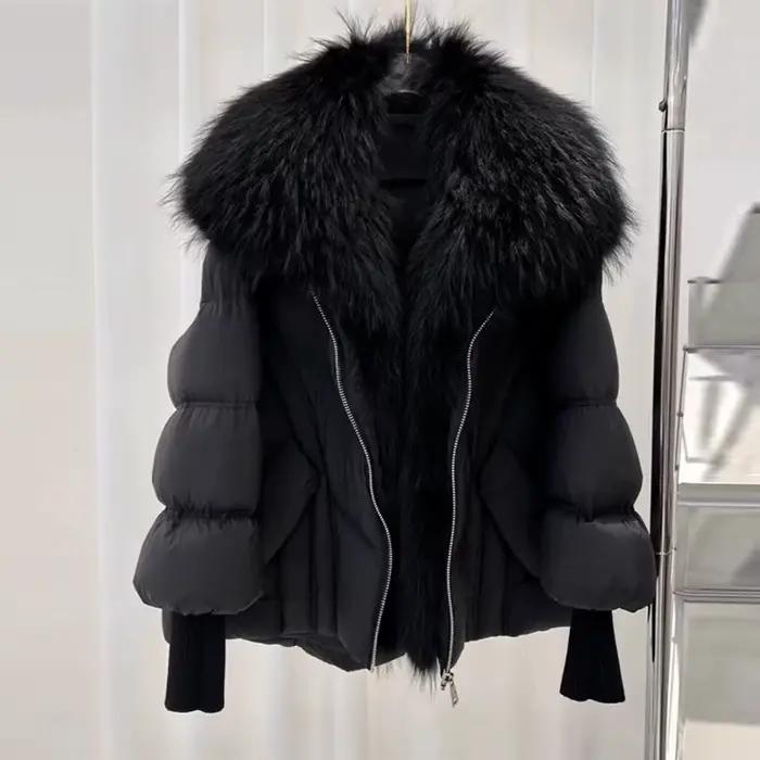 OFTBUY Nouveau Manteau d'hiver en fourrure de renard et de raton laveur véritable, grand modèle, pour femme, parka en duvet de plumes surdimensionnée, manches en tricot, veste en duvet de canard pour